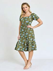 Boho Retro Ditsy Floral Flutter Puff Sleeve Square Neck Tiered Ruffle Tea Midi Length Classic Bridgerton Dress - Màu xanh Ô liu - Xem 3