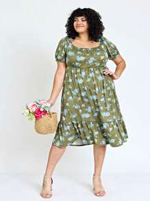 Boho Retro Ditsy Floral Flutter Puff Sleeve Square Neck Tiered Ruffle Tea Midi Length Classic Bridgerton Dress - Màu xanh Ô liu - Xem 6