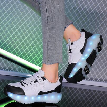 四轮 LED 发光旱冰鞋，透气低帮旋转扣运动鞋，时尚户外滑冰鞋，适合青少年、学生、成人、情侣，适合所有季节