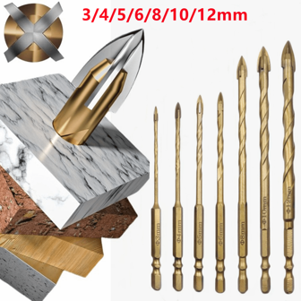 鈦鍍四刃十字紋磚石鑽頭，六角柄 3/4/5/6/8/10/12mm，適用於玻璃、陶瓷、塑料、木材、磚石、硬質合金牆體鑽孔