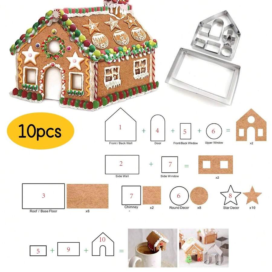 10pcs, Gingerbread House Kit For Restaurant, 3D Stainless Steel Cookie Mold Cutters Set For Christmas Halloween Holiday Thanksgiving Festival, Gingerbread House DIY Kit Baking Pastry For Restaurant/Food Truck/Bakery - Silver - View 1