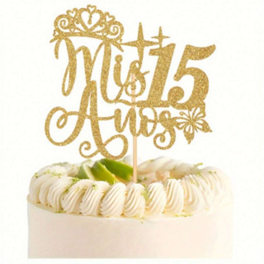 15th Birthday Cake Topper, "Happy 15th", 15th Birthday Party Decor - Gold Glitter, Back To School Valentine's Day - Multicolor - View 1