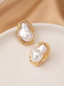 1pair Vintage Elegant Pearl Stud Earrings For Women - Yellow Gold - View 6