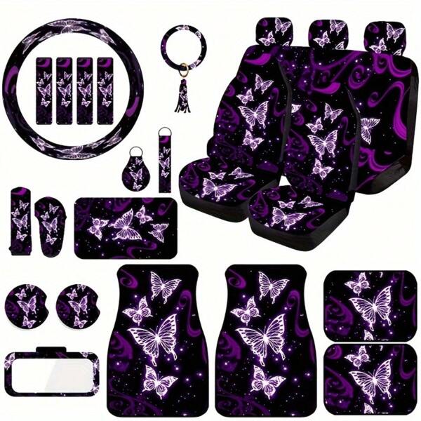 23pcs Premium Butterfly-Themed Car Interior Set - Breathable Seat Covers, Comfort Steering Wheel Grip & Floor Mats - Durable, Stylish Accessories For Vehicle Customization