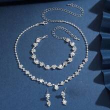 Conjunto elegante e sofisticado de 4 peças de colar, brincos e pulseira, jóias de noiva, adequado como presente para casamentos, aniversários e aniversários de mulheres, acessórios de vestido de noite - Conjunto de joias com 4 peças - Visão 5