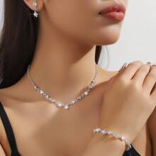 Conjunto elegante e sofisticado de 4 peças de colar, brincos e pulseira, jóias de noiva, adequado como presente para casamentos, aniversários e aniversários de mulheres, acessórios de vestido de noite - Conjunto de joias com 4 peças - Visão 2
