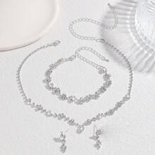 Conjunto elegante e sofisticado de 4 peças de colar, brincos e pulseira, jóias de noiva, adequado como presente para casamentos, aniversários e aniversários de mulheres, acessórios de vestido de noite - Conjunto de joias com 4 peças - Visão 8
