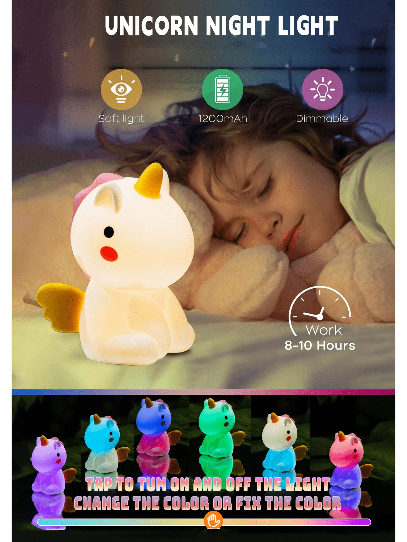 1pc Unicorn Night Light, Cute Unicorn Silicone LED Light, Colorful