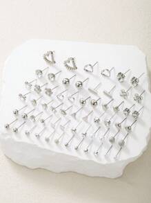 30 Pairs Exquisite And Concise Metal Faux Pearl Little Flower Heart Bowknot Stud Earrings Set For Women's Dates, Gift Stud Earrings Set Valentines,Mom,Mother,Mother's Day,Gift - Silver - View 4