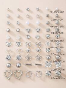30 Pairs Exquisite And Concise Metal Faux Pearl Little Flower Heart Bowknot Stud Earrings Set For Women's Dates, Gift Stud Earrings Set Valentines,Mom,Mother,Mother's Day,Gift - Silver - View 5