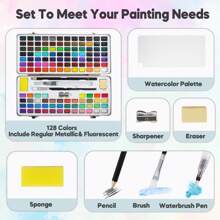 水彩颜料套装，128 色颜料，含水彩笔和绘图铅笔 - 适合绘画、素描和艺术用品 - 完美的入门套装、返校、学校用品