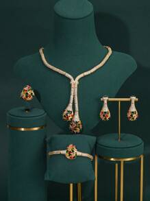 Necklace+Earrings+Ring+Bracelet Set With Multicolored Cubic Zirconia And Tassel Design, Suitable For Ladies' Daily Wear, Parties, Banquets, Bride, Bridal Jewelry Set
