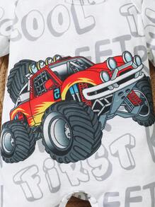 新生兒男寶寶白色汽車印花簡約風格連袖爬衣 - 白色 - 查看 4