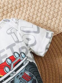 新生兒男寶寶白色汽車印花簡約風格連袖爬衣 - 白色 - 查看 5