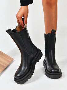 款式与毛衣裙，2024 秋季新款弹力圆头粗跟中筒靴，女士切尔西靴 - 黑色 - 查看 6