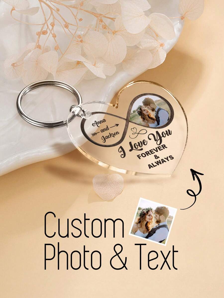 1 pieza Llavero personalizado con foto de pareja, llavero personalizado con texto, llavero personalizado con foto, llavero acrílico personalizado con forma de corazón, llavero personalizado con nombre, llavero personalizado de infinito, regalo de boda, regalo de aniversario, regalo para él/ella, idea de regalo para el Día de San Valentín, Día de la Madre, Día del Padre, aniversarios, regalo de pareja, el mejor regalo para mamá, papá, esposa, esposo, novia, novio, grabado, acero inoxidable, colorido, lindo, adorable, divertido, kawaii, Y2K, elegante, unisex, informal, personalizado, único, personalizado, regalos ideales para él, regalos ideales para ella