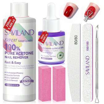  Saviland 250ml 100% Pure Acetone Nail Polish Remover: Nail Polish Gel Remover Kit With Vitamin E Cuticle Oil Nail Files Nail Buffers Cuticle Peeler, Nail Remover Tools For Salon Home DIY