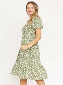 Boho Retro Ditsy Floral Flutter Puff Sleeve Square Neck Tiered Ruffle Tea Midi Length Classic Bridgerton Dress - màu xanh lá - Xem 5