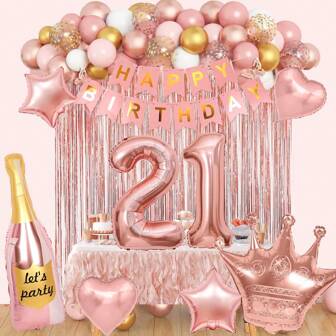53 件/套玫瑰金生日派对装饰品，包括粉色生日快乐横幅、玫瑰金数字气球、香槟酒瓶和皇冠，适用于 21 岁生日派对装饰，女士、女孩、21、18、16、30、4、9 岁生日派对用品，圣诞节