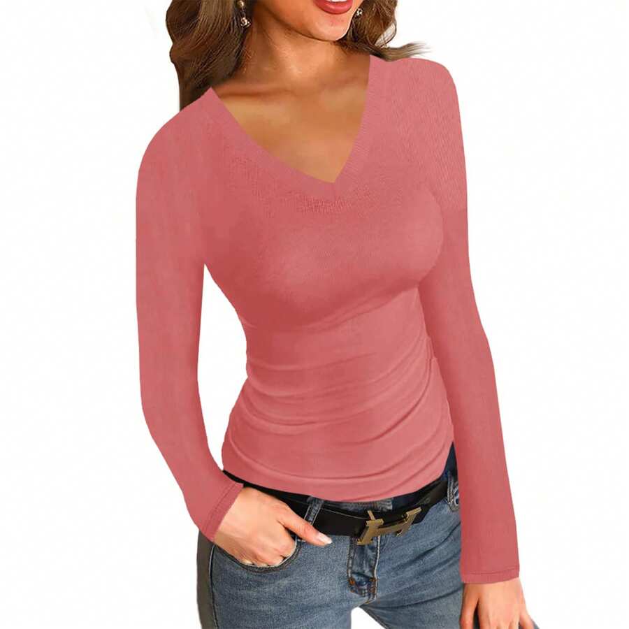 BZB Womens Ribbed Long Sleeve Crewneck Shirts Fitted Sweaters Slim Fit Basic Casual Tops
