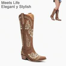 lumeheel Brown Cowboy Boots For Women - Wide Calf Knee High Cowgirl Boots, Glitter Sparkly Rhinestone Western Country Boots With Classic Embroidery, Pointed Toe Pull On Zipper Retro Fashion Tall Boots - 咖啡棕 - 查看 1