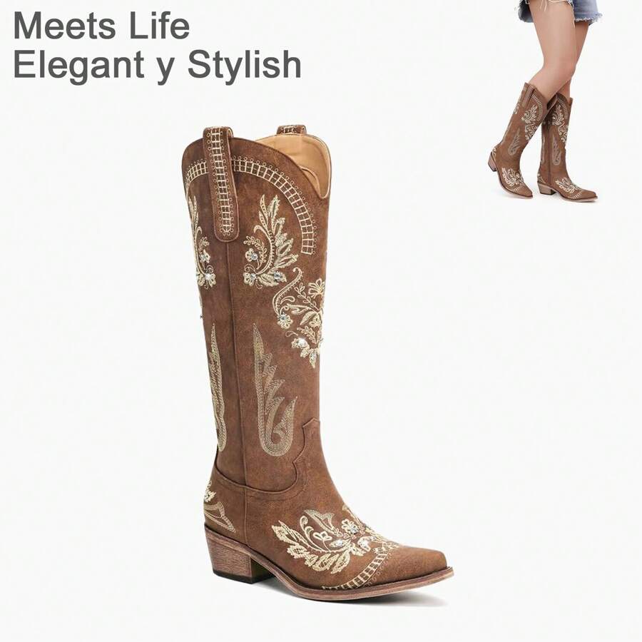 lumeheel Brown Cowboy Boots For Women - Wide Calf Knee High Cowgirl Boots, Glitter Sparkly Rhinestone Western Country Boots With Classic Embroidery, Pointed Toe Pull On Zipper Retro Fashion Tall Boots - 咖啡棕 - 查看 1