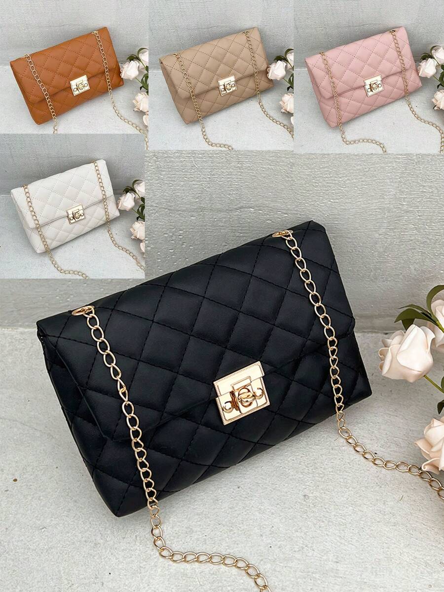 Fashionable Chain Lock Buckle Diamond Embroidered Solid Color Women's Shoulder Bag, Crossbody Bag