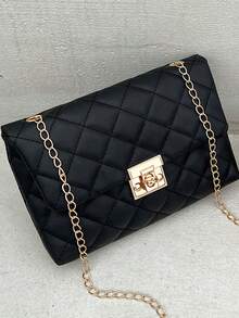 Fashionable Chain Lock Buckle Diamond Embroidered Solid Color Women's Shoulder Bag, Crossbody Bag - Black - View 3
