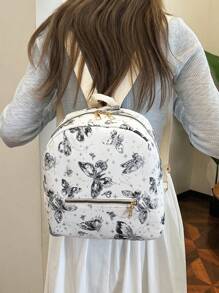 Mochila de PU con estampado gráfico de mariposa para mujeres, mochila casual para estudiantes de secundaria y universitarios, mochila pequeña y dulce para vacaciones al aire libre y viajes, mochila versátil y sencilla para uso diario, negocios y viajes al trabajo, regalo de San Valentín - Negro - Ver 1