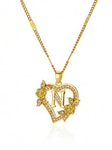 锆石心形花朵字母项链，金色，A-Z字母心形项链，婚礼珠宝礼物，情人节礼物，母亲节礼物 - 金黃色 - 查看 21