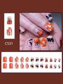 24入組短款明亮萬聖節主題指甲貼紙-南瓜，鬼魂和蝙蝠-2024年最新萬聖節指甲藝術，特色和個性化禮物，適合女性和女孩，配有果凍膠和指甲文件 - 橘色 - 查看 2