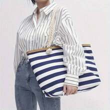 Bolsa de playa con patrón de rayas, bolso de mano impermeable para mujeres, amplio bolso de mano para playa con cremallera y malla, bolso grande de capacidad para vacaciones, estilo de bolsa de tela de lona para viajes - Azul - Ver 5