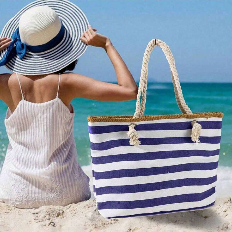 Bolsa de playa con patrón de rayas, bolso de mano impermeable para mujeres, amplio bolso de mano para playa con cremallera y malla, bolso grande de capacidad para vacaciones, estilo de bolsa de tela de lona para viajes - Azul - Ver 1