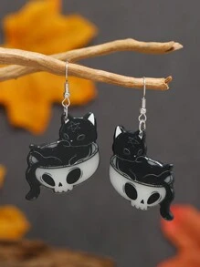 1對可愛暗黑風格骷髏貓耳環 - 黑色 - 查看 6