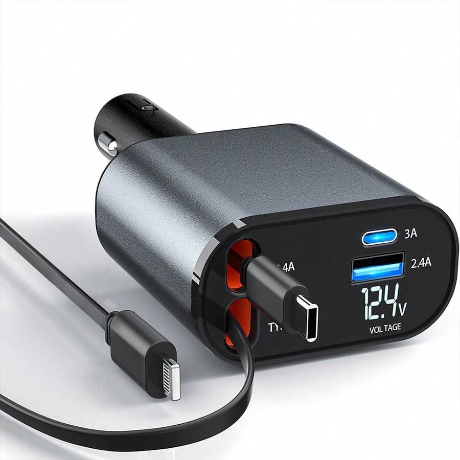 Retractable Car Charger, 4 In 1 Fast Car Phone Charger 66W, 2 Retractable Cables And USB Car Charger,Compatible With IPhone 15/14/13/12/11,Galaxy,Pixel - 銀色 - 查看 1