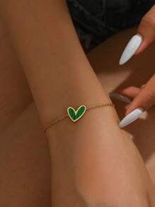 1 chiếc vòng tay hình trái tim bất đối xứng bằng thép không gỉ mạ vàng 18K dành cho nữ - màu xanh lá - Xem 4