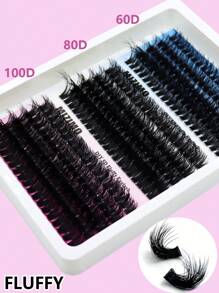 Schwarze 60D+80D+100D gebündelte Wimpern, 15 Reihen 290 Büschel, CC/D/DD Heißschmelz-Kunstmink-Wimpern, 0,07 mm Dicke, gemischte Länge 12-20 mm, lange und dicke einzelne Kunstwimpern mit stufenweise zunehmenden Wimpernbüscheln, Wimpernbüschel, einzelne Kunstwimpern, Wimpern, Kunstwimpern - Schwarz - Übersicht 3