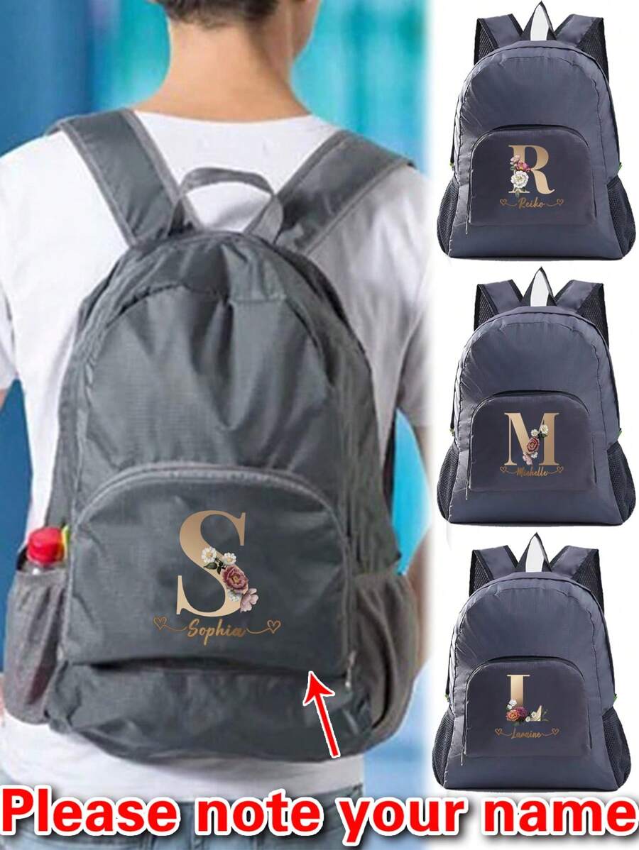 1 pezzo Zaino pieghevole e portatile personalizzato, con iniziali personalizzate da A a Z, leggero e impermeabile, adatto per arrampicata, uomo, donna, unisex, escursionismo, montagna, sport all'aperto, campeggio, organizzatore da viaggio - Grigio - Visualizzare 1