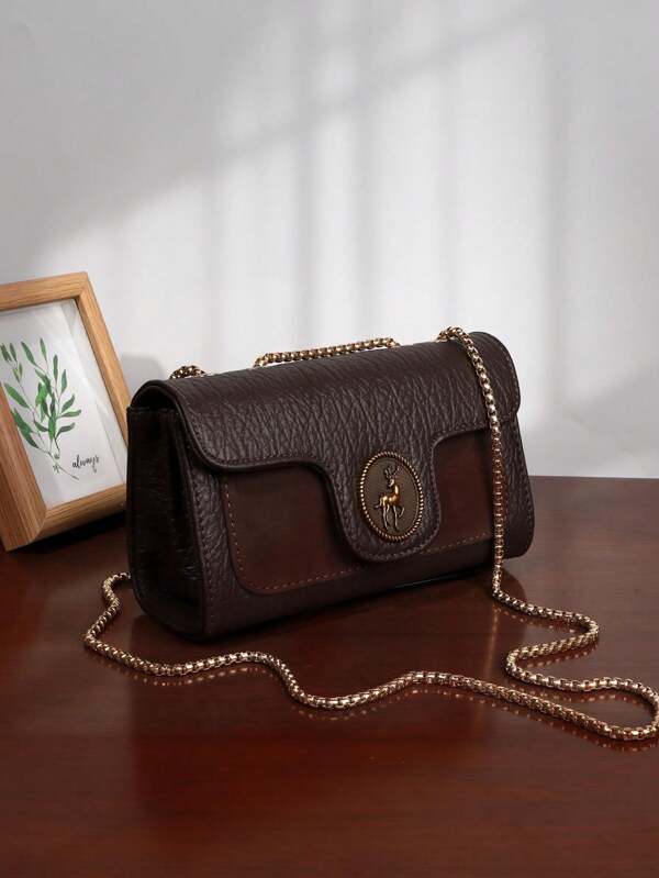 حقيبة كتف نسائية عصرية رجعية، حقيبة كروس جسم أنيقة بسلسلة، بنمط لمسة جلد الليتشي، حقيبة هاتف محمول صغيرة، حقيبة مستوحاة من الطراز الرجعي للنساء