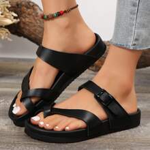 Women's Platform Sandals With,Cushion & Thick Soles On Flat Sandals For Summer Ultra ,Comfort Adjustable Slides Slip - Black - View 8
