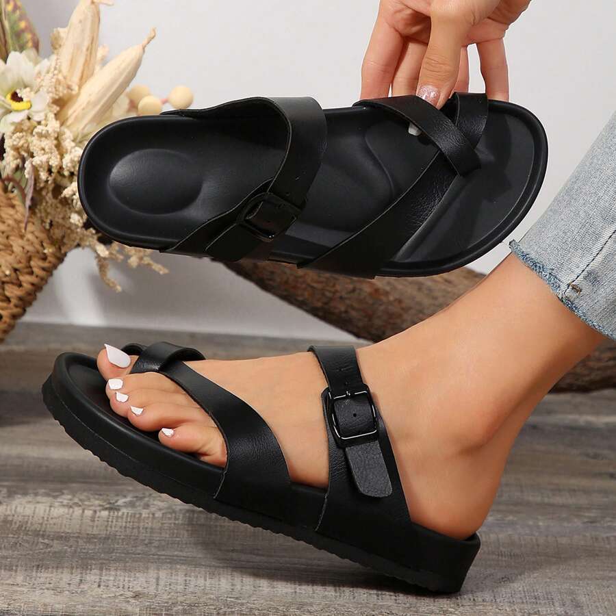 Women's Platform Sandals With,Cushion & Thick Soles On Flat Sandals For Summer Ultra ,Comfort Adjustable Slides Slip - Black - View 1