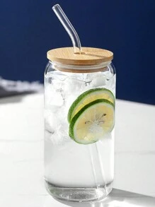 1PC 450/550ml Can Shaped Glass Cups With Bamboo Lids And Straws, Iced Coffee Cup, Reusable Beer Can Tumbler, Aesthetic Drinkware, Travel Coffee Mug, Cute Smoothie Tea Cup, For Summer, Gifts, Glass Cups