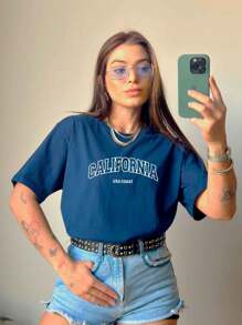 Women's Blouse Printed Tshirt 100% Cotton Round Neck T-Shirt California Usa Coast Streetwear T-Shirt Stylish Blogger Shirt 7016 - Màu xanh hải quân - Xem 4