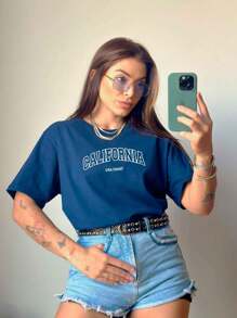 Women's Blouse Printed Tshirt 100% Cotton Round Neck T-Shirt California Usa Coast Streetwear T-Shirt Stylish Blogger Shirt 7016 - Màu xanh hải quân - Xem 3