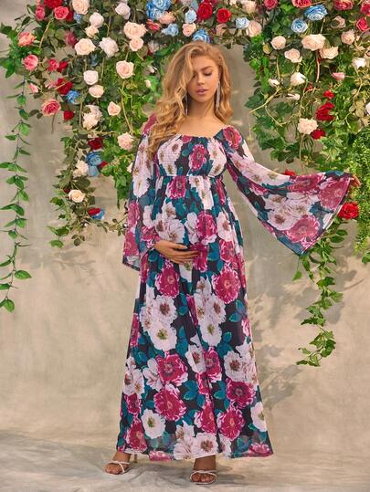 Joyfunear 波西米亚印花长袖孕妇度假连衣裙，喇叭袖，修身，优雅，适合派对