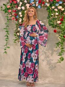 Joyfunear 波西米亚印花长袖孕妇度假连衣裙，喇叭袖，修身，优雅，适合派对 - 彩色 - 查看 5