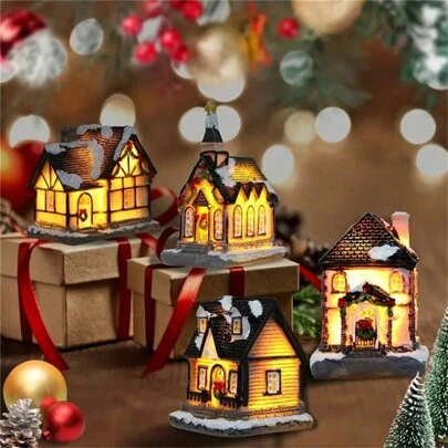 1入迷你假日飾品，發光樹脂微型房子微景觀，聖誕禮物飾品，聖誕鎮場景展示，小型樹脂村莊雕像，室內聖誕裝飾建築套裝，桌面裝飾（3.54*2.75*1.96英寸）