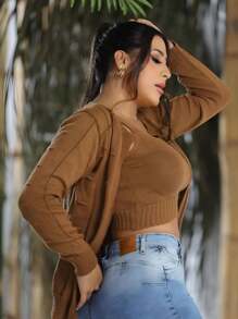 Max Cardigan And Cropped Knit Set Sophia Lycra Fashion Gringa Model - Rust Brown - View 2