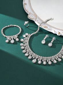 4 pièces/set bijoux de luxe à la mode avec zircone cubique AAA, parures avec pendentifs style goutte d'eau comprenant collier, bracelet, boucles d'oreilles, bague. Convient pour la décoration des fêtes et mariages des femmes. Cadeau parfait de la Saint-Valentin pour votre petite amie. Ensemble de bijoux haut de gamme.