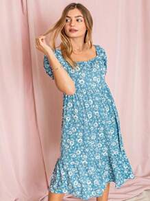 Boho Retro Ditsy Floral Flutter Puff Sleeve Square Neck Tiered Ruffle Tea Midi Length Classic Bridgerton Dress - Màu xanh lam - Xem 6